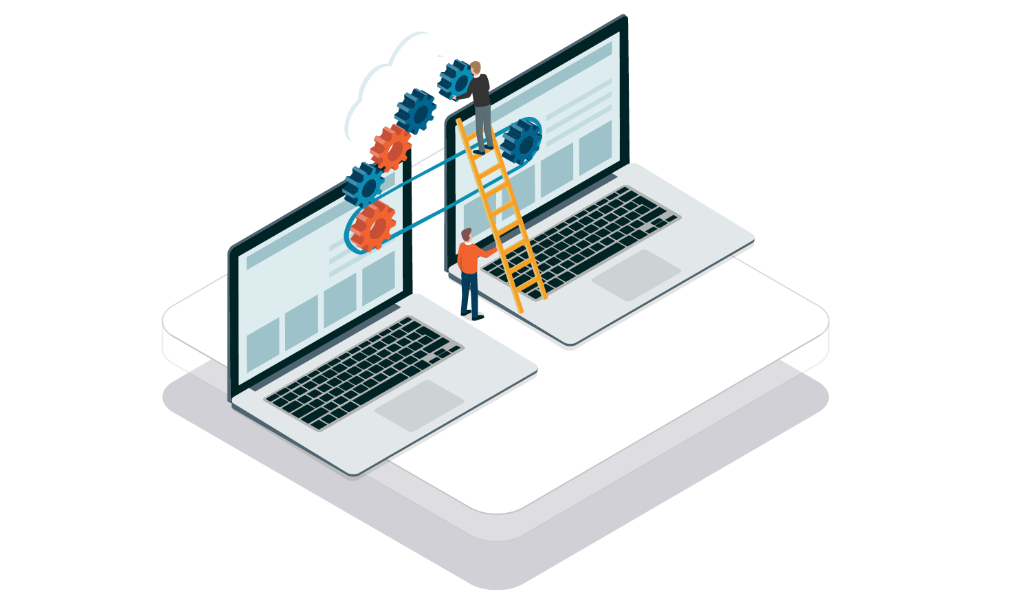 illustration showing two laptops being connected via cogs in the cloud, assembled by miniature workers up a ladder